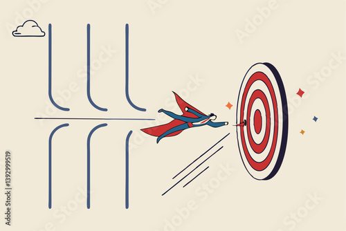 Overcome difficulty or challenge to success, obstacle or problem to solve and achieve target, determination or breakthrough barrier concept, businessman superhero fly through obstacle to reach target.