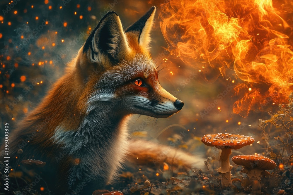 Fox in grass with mushroom