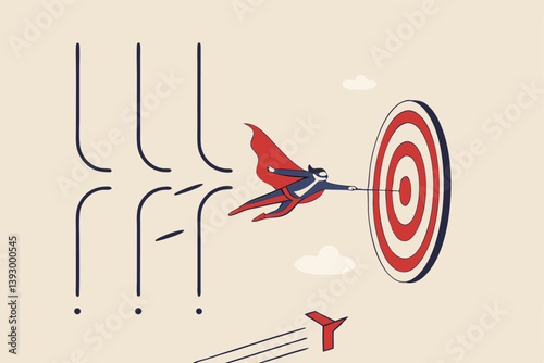 Overcome difficulty or challenge to success, obstacle or problem to solve and achieve target, determination or breakthrough barrier concept, businessman superhero fly through obstacle to reach target.