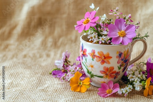 Artistic Mother's Day composition featuring a porcelain coffee cup with an array of spring flowers on a textured canvas background.