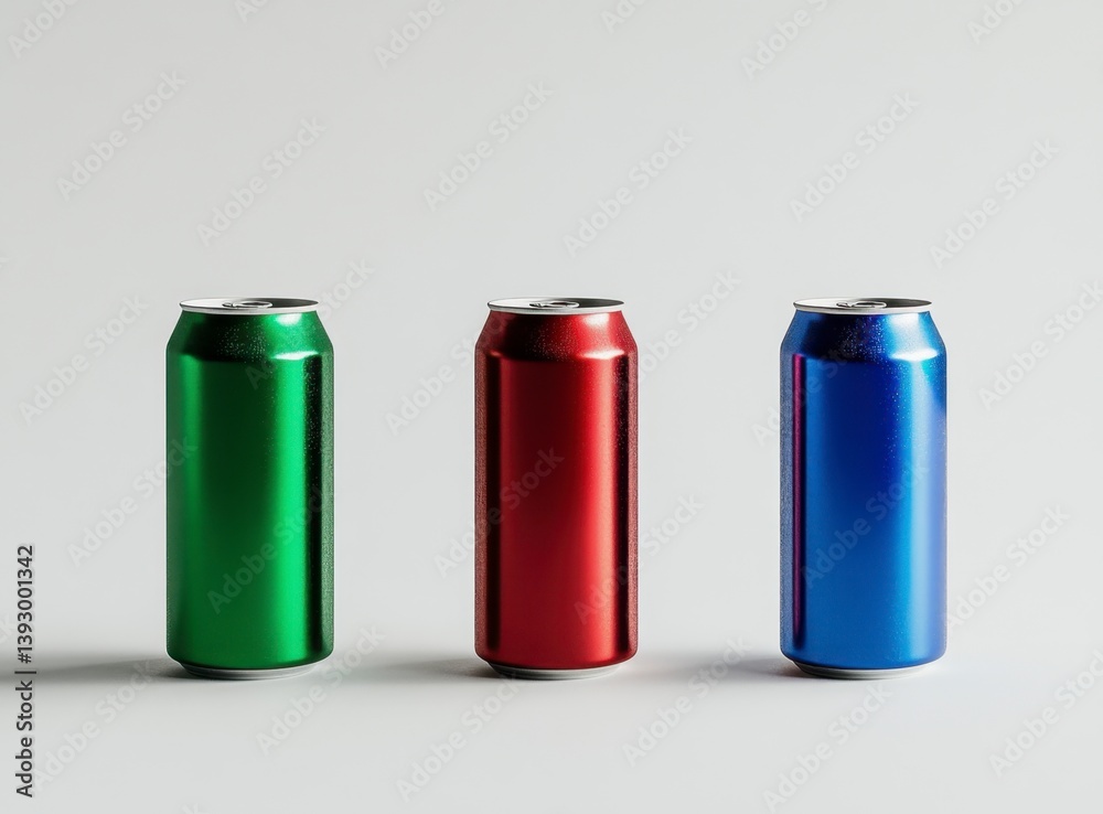 Three Aluminum Soda Cans with Green, Red, and Blue on White Background Three Aluminum Soda Cans with Green, Red, and Blue on White Background