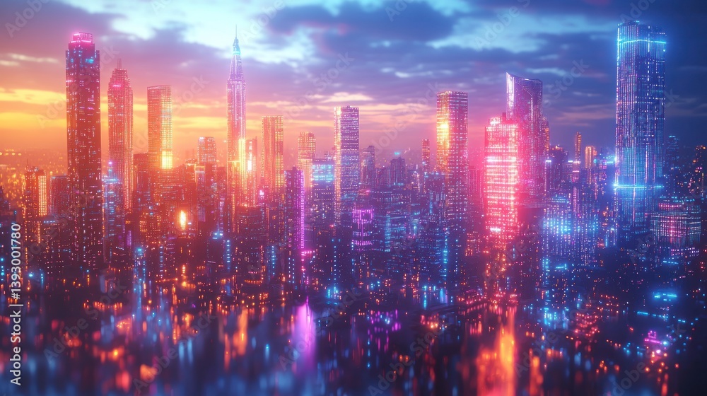 Vibrant Futuristic Cityscape at Dusk with Glowing Neon Lights and Reflections Vibrant Futuristic Cityscape at Dusk with Glowing Neon Lights and Reflections