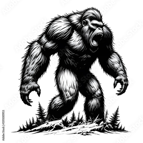 Bigfoot black and white vector illustration, generative ai