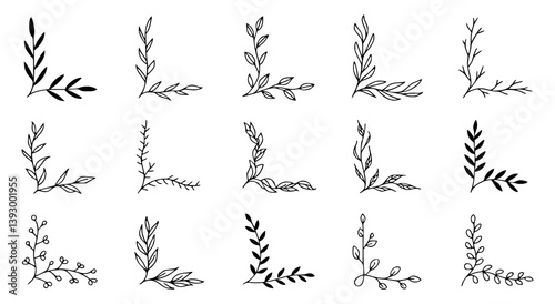 Hand-Drawn Leaf and Floral Branch Corner Set