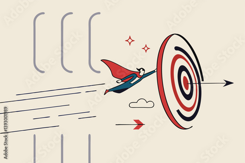 Overcome difficulty or challenge to success, obstacle or problem to solve and achieve target, determination or breakthrough barrier concept, businessman superhero fly through obstacle to reach target.