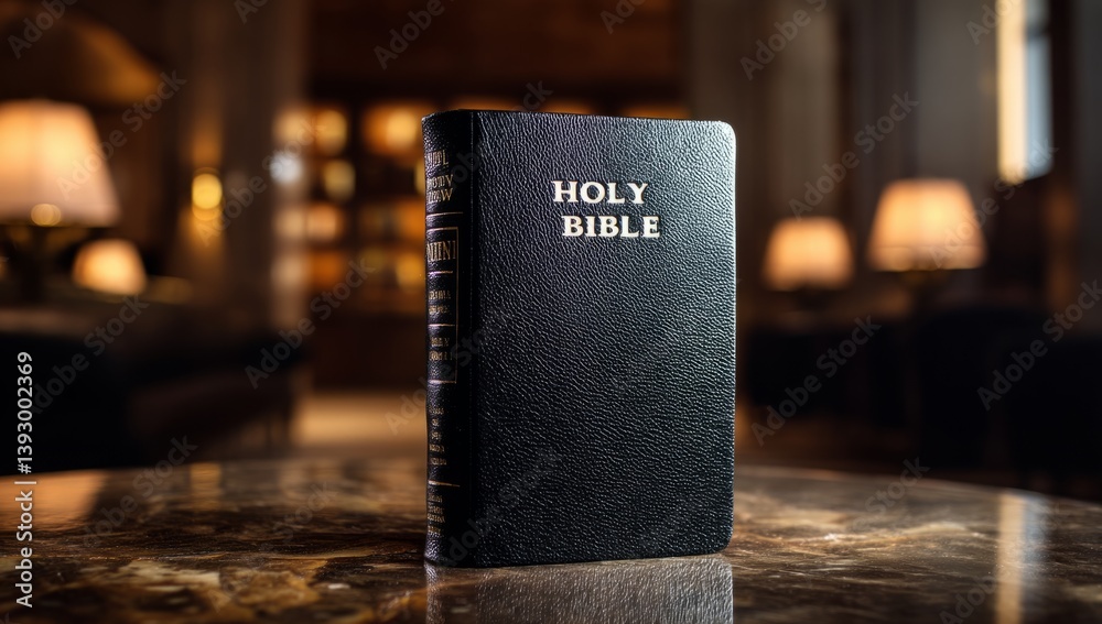 A black leather Bible with the words HOLY BIBLE stands upright in a luxurious library. Soft lighting highlights its design, creating a peaceful and timeless atmosphere
