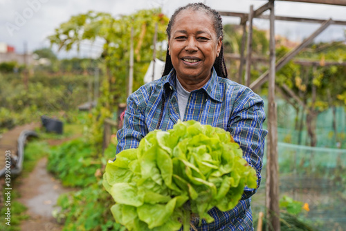 Happy elderly african woman holding fresh organic lettuce with house garden in background - Senior person, charity garden and community concept
