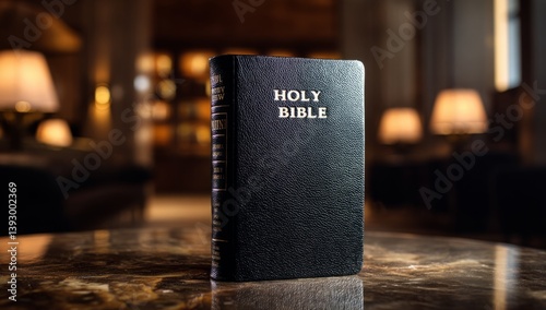 Obraz na płótnie A black leather Bible with the words HOLY BIBLE stands upright in a luxurious library. Soft lighting highlights its design, creating a peaceful and timeless atmosphere w salonie