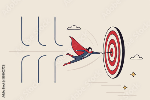 Overcome difficulty or challenge to success, obstacle or problem to solve and achieve target, determination or breakthrough barrier concept, businessman superhero fly through obstacle to reach target.