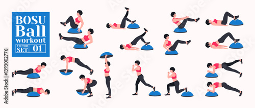 BOSU Ball / Balance Training Ball workout set. Young woman doing BOSU Ball exercises. Vector illustration