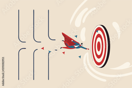 Overcome difficulty or challenge to success, obstacle or problem to solve and achieve target, determination or breakthrough barrier concept, businessman superhero fly through obstacle to reach target.