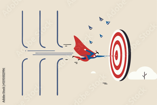 Overcome difficulty or challenge to success, obstacle or problem to solve and achieve target, determination or breakthrough barrier concept, businessman superhero fly through obstacle to reach target.