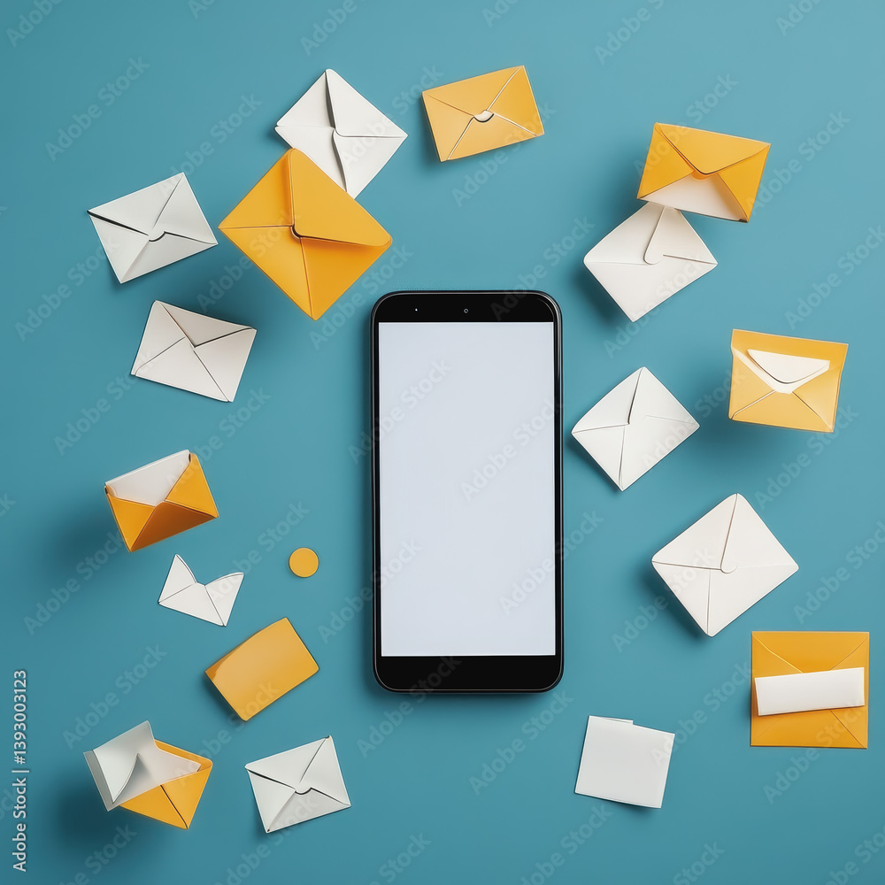 A smartphone surrounded by yellow envelopes representing mobile optimization emails for modern digital communication A smartphone surrounded by yellow envelopes representing mobile optimization emails for modern digital communication