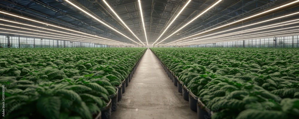 Vibrant greenhouse filled with lush plants under bright lights.