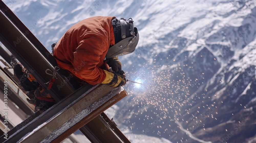 A welder working on steel beams at a construction site. Featuring skill and safety A welder working on steel beams at a construction site. Featuring skill and safety