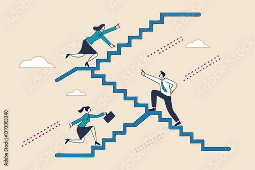 Career path or improvement, growth stair to success, job promotion or business competition, aspiration or motivation to succeed concept, business people walk up stair to next level floor to the top.