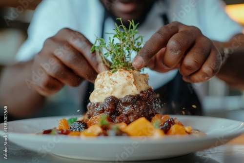 Close-up of chef's hands holding small plant on Bobotie dish. Concept of culinary art featuring Bobotie, South African meatloaf on elegant wooden table.