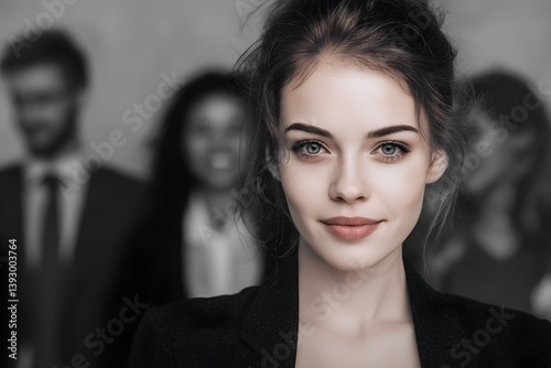 an elegant woman exudes confidence and professionalism as she takes the lead. In the background, a team of diverse individuals show support. A striking representation of leadership and teamwork.