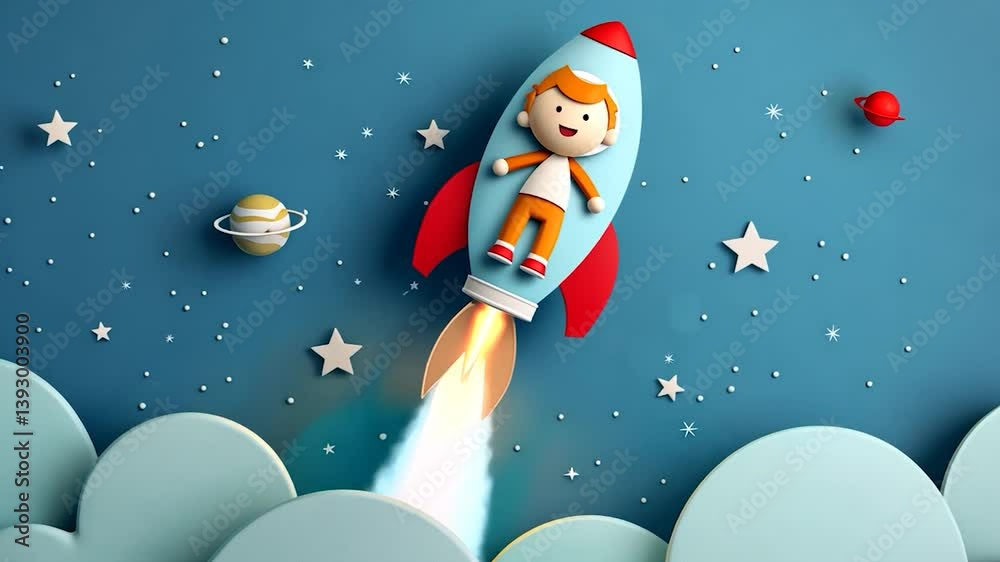 Joyful Boy Soaring Through Space on a Rocket