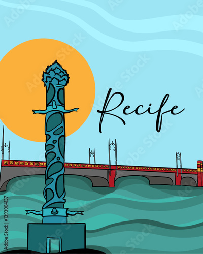 Paisagem do Recife, Pernambuco, com ilustração vetorial da Torre de Cristal e Ponte Maurício de Nassau.