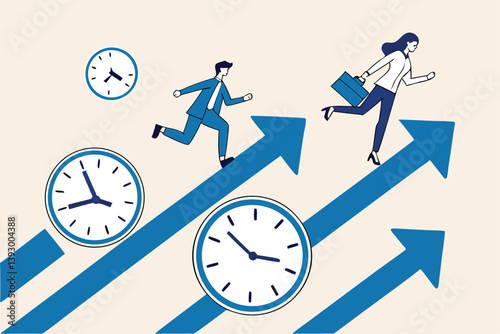 Time management, effort or efficiency boost, productivity to finish project, teamwork or planning, multitasking or finish work within deadline concept, business people riding clock up rising arrow.