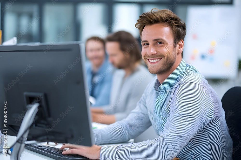 a professional person is working in an office, smiling directly at the camera, computer user a professional person is working in an office, smiling directly at the camera, computer user