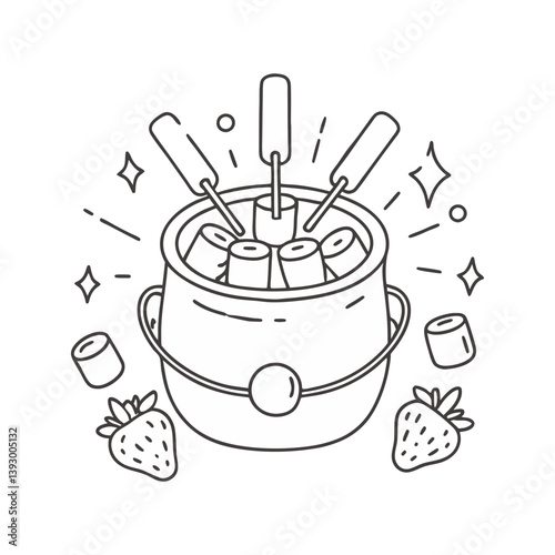 Chocolate fondue vector with marshmallows, strawberries, and sparkles in fun black and white line art style
