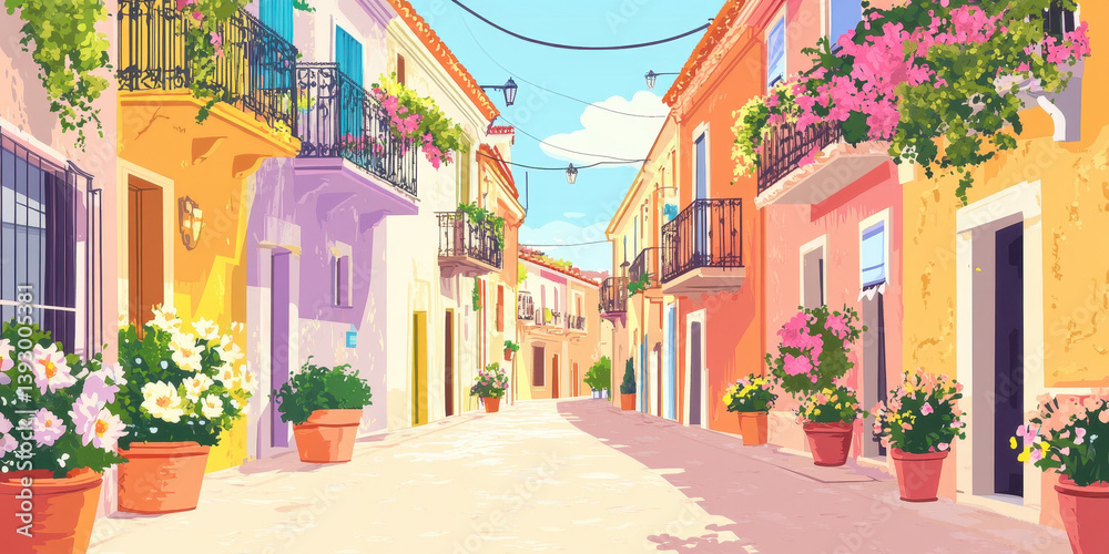Fototapeta premium Charming Mediterranean street with blooming balconies and warm spring sun