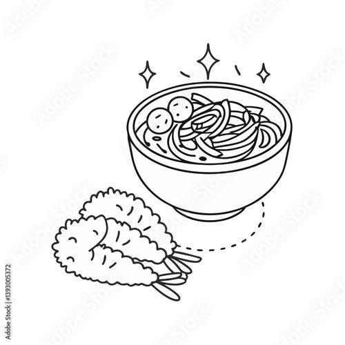 Noodle soup vector with shrimp tempura and sparkles in clean black and white line art style
