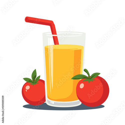 Fresh Tomato Juice with Straw and Red Tomatoes  