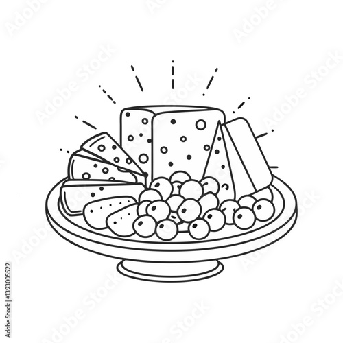 Cheese platter vector with grapes and sliced wedges in elegant black and white line art style
