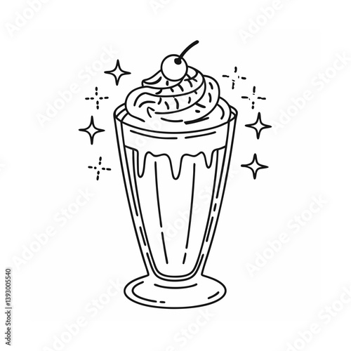 Milkshake vector with whipped cream, cherry, and sparkles in fun black and white line art style
