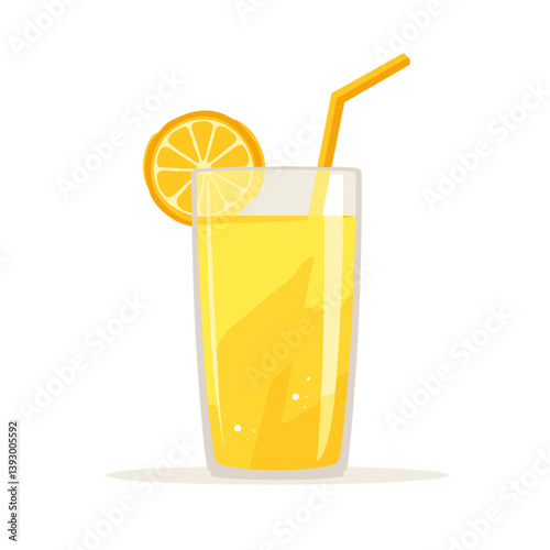 Fresh lemon juice in a glass with a straw and lemon slice  