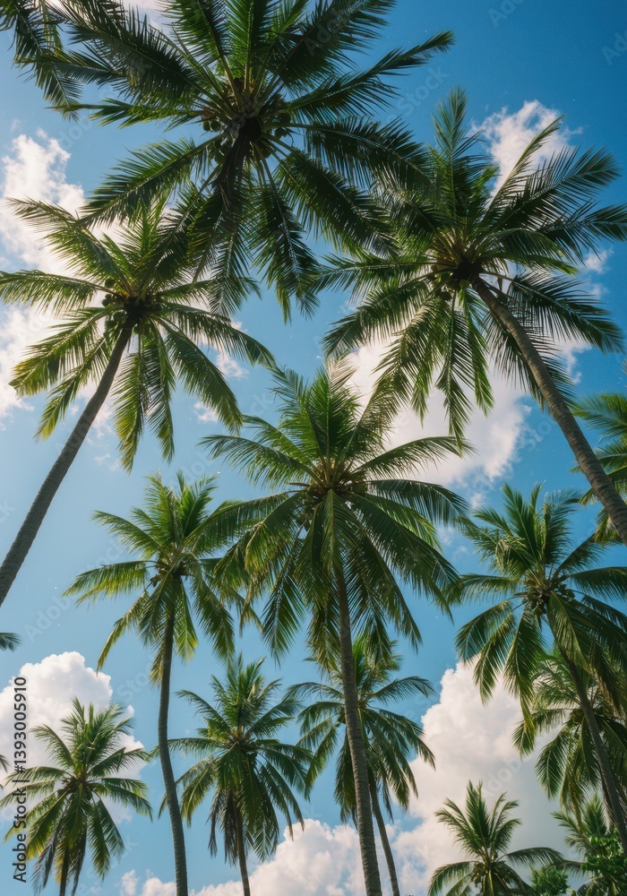 Tropical Palm Trees from Below with Blue Sky Tropical Palm Trees from Below with Blue Sky