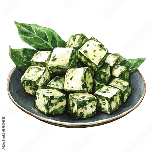 Saag Paneer, watercolor illustration, isolated on a white background.

