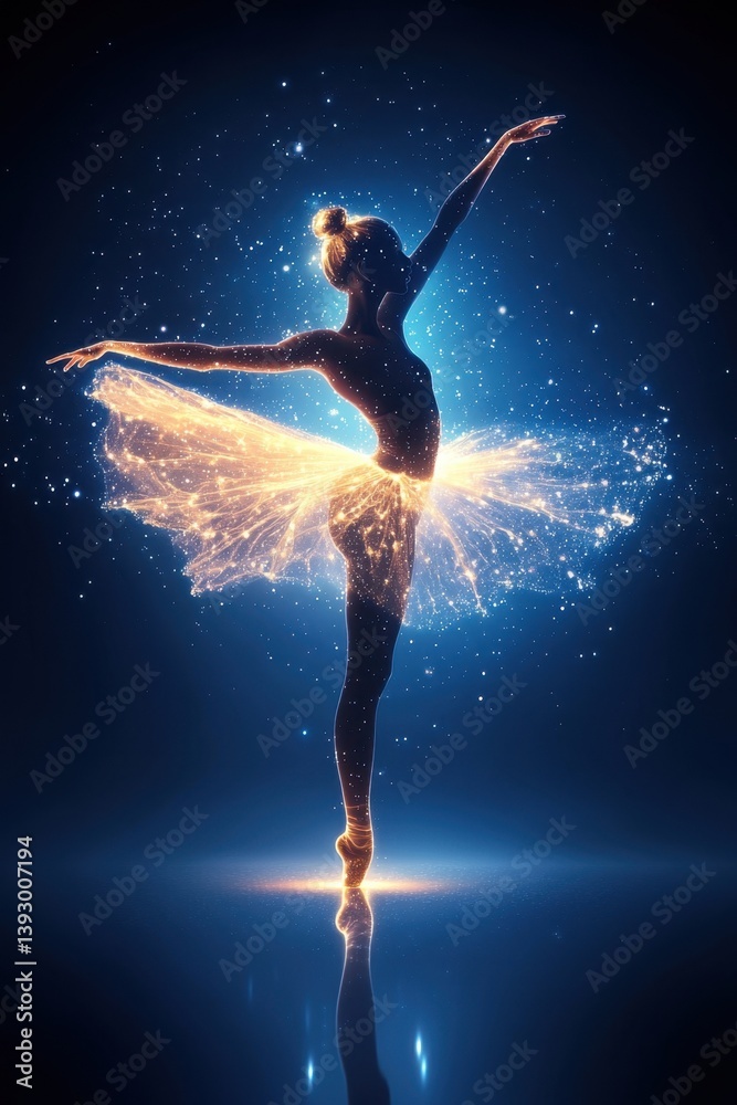 Ethereal Ballerina Dancing in Cosmic Light and Stardust Swirls
