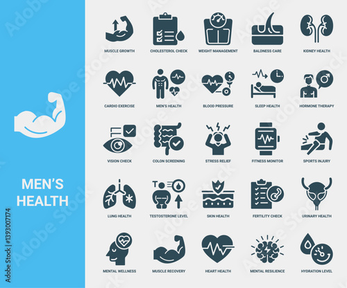 Men's health essential elements icon set, check Fertility health level Skin Testosterone Urinary
