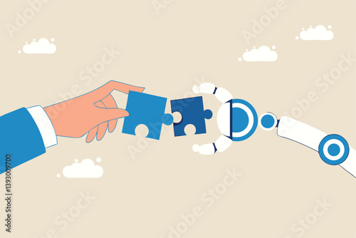 Human and AI Artificial Intelligence working together, machine or automation to help or support work, solution or connect idea concept, businessman and AI robot hand connect jigsaw puzzle together.