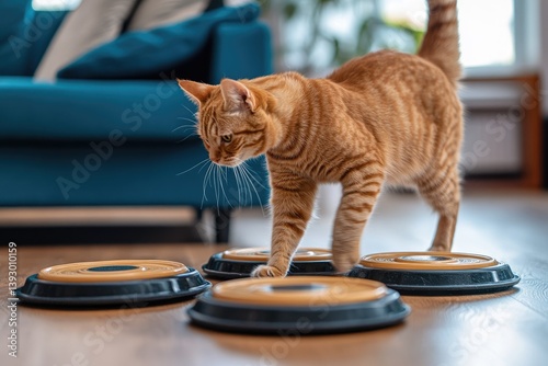 Playful ginger cat exploring interactive toys on the floor photo