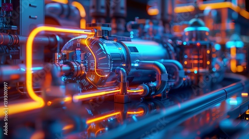 Close-up of a futuristic industrial machine with bright neon lights and intricate details showcasing modern technology. photo
