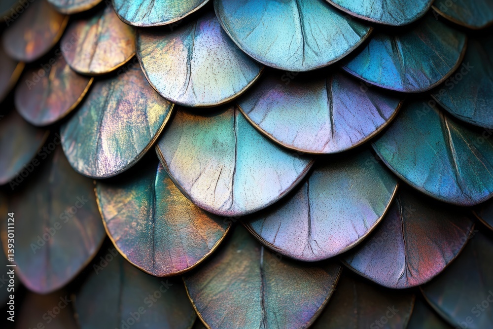 Obraz premium Vibrant Textured Scales with Iridescent Hues and Leaf Patterns