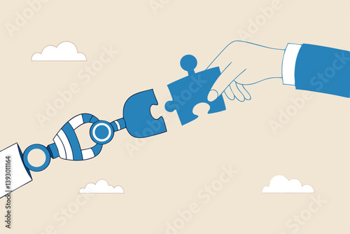 Human and AI Artificial Intelligence working together, machine or automation to help or support work, solution or connect idea concept, businessman and AI robot hand connect jigsaw puzzle together.