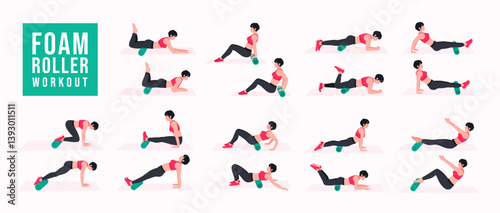 Foam Roller Workout. women exercise vector set. Women doing fitness and yoga exercises. Lunges, Pushups, Squats, Dumbbell rows, Burpees, Side planks, Glute bridge, Leg Raise, Russian Twist .etc
