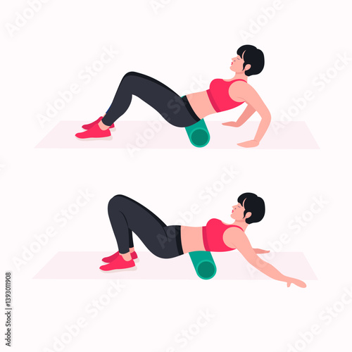 Foam Roller Workout. women exercise vector set. Women doing fitness and yoga exercises.
