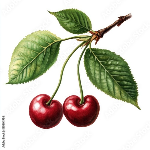 Wallpaper Mural Two ripe cherries on a branch with leaves Torontodigital.ca