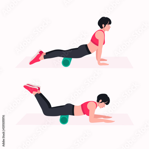 Foam Roller Workout. women exercise vector set. Women doing fitness and yoga exercises.