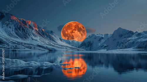 Orange Moon Over Snowy Mountain