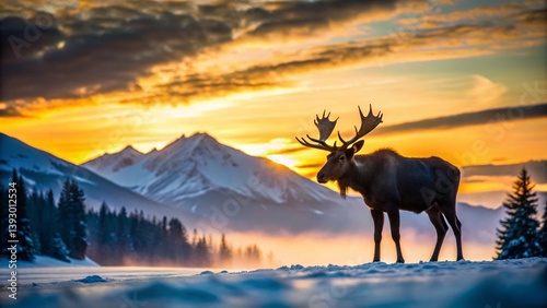 Majestic Moose at Dawn in a Winter Wonderland Mountain Landscape Breathtaking Winter Scene