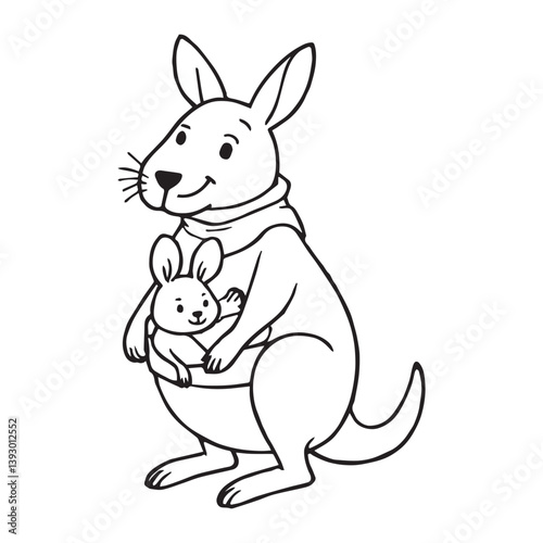 A vector illustration of a happy kangaroo holding a baby kangaroo in its pouch. The kangaroo has thick, black outlines and is drawn in a simple, but engaging style.