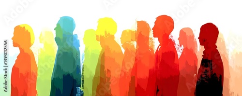 an illustration of a diverse group of people standing side by side, a symbol of community, diversity, and unity. The colorful and dynamic silhouette evokes the spirit of social harmony
